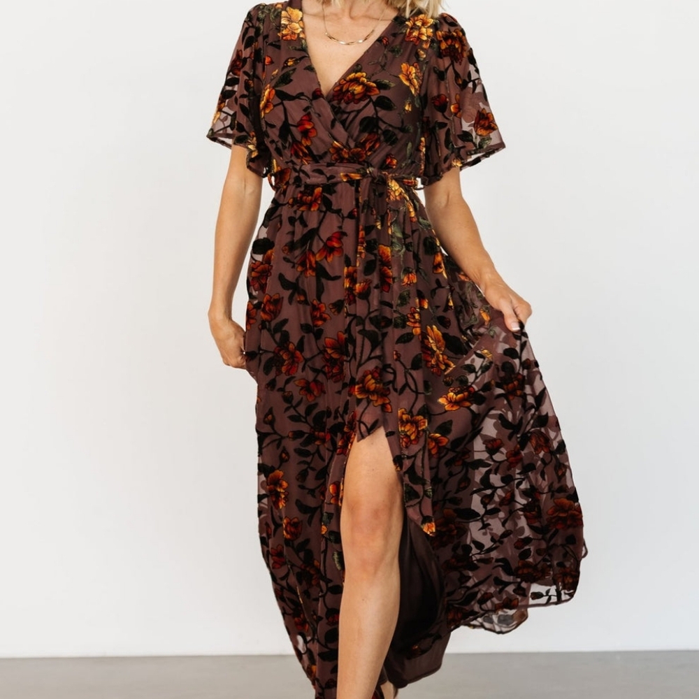 Floral V-Neck Maxi Dress - Brown and Orange